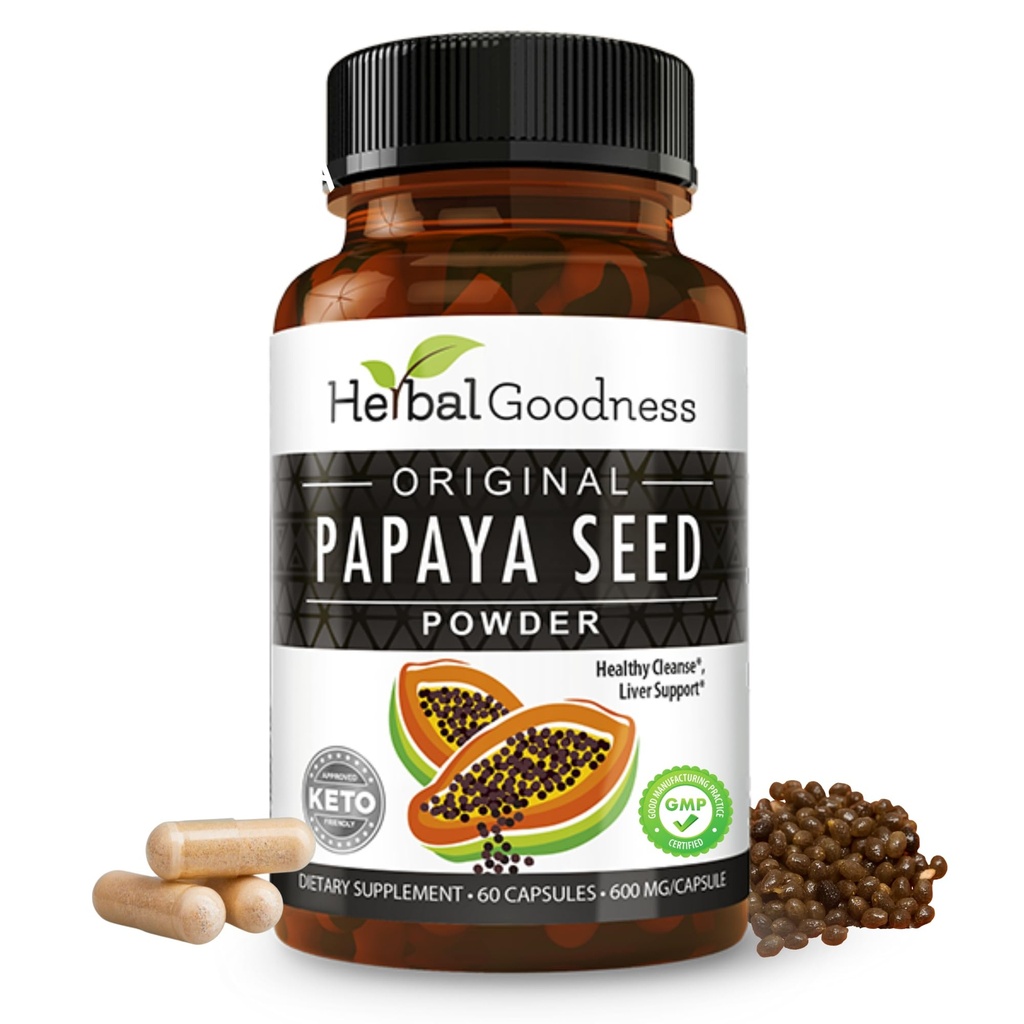 Herbal Goodness Papaya Seeds Powder Capsules - 600mg x 60 Pills, Organic Papaya Digestive Enzymes (Papain) | Supports Gut Health, Digestion & Colon Cleanse Broom, 100% Natural, Gluten Free, Non-GMO