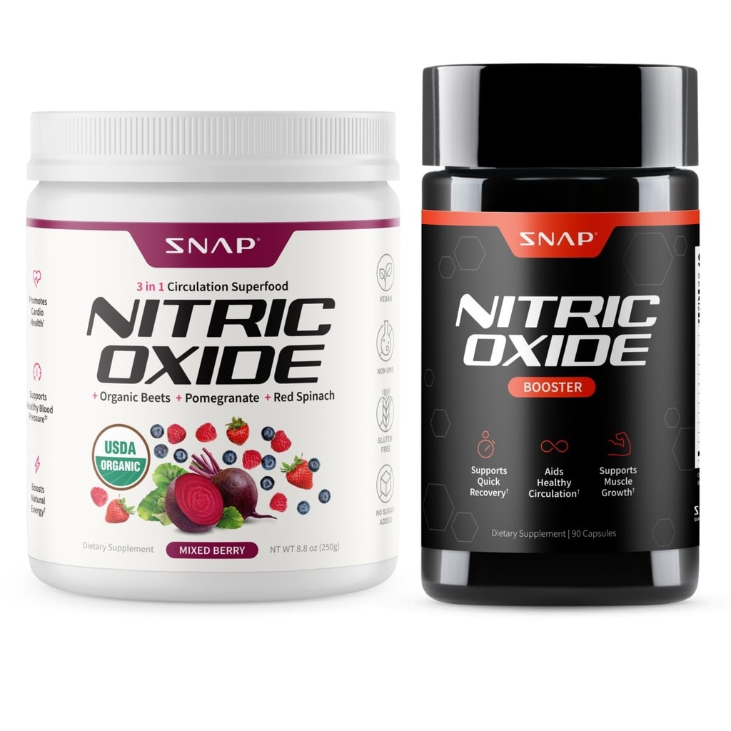 Snap Supplements Organic Beet Root Nitric Oxide Powder + Nitric Oxide Booster Bundle, 30 Servings Mixed Berry Powder + 90 Vegetarian Capsules