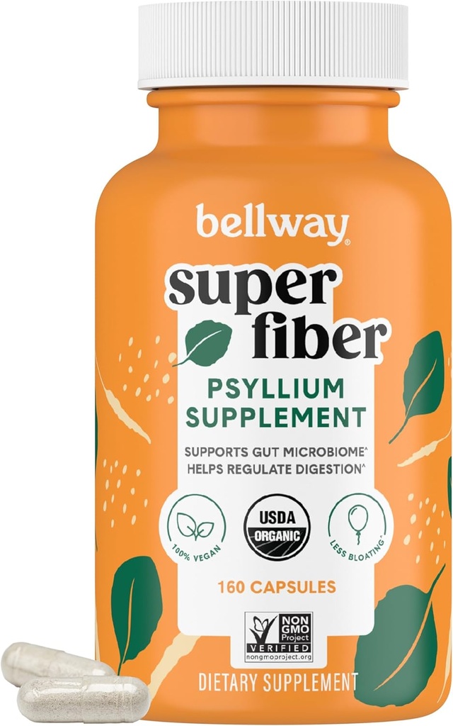Bellway Super Fiber Capsules - USDA Organik Psyllium Husk Capsules - Daily Psyllium Husk Fiber Supplement for Digestive Health and Regularity - Plant Based, Non-GMO, Kosher - 160 Capsules