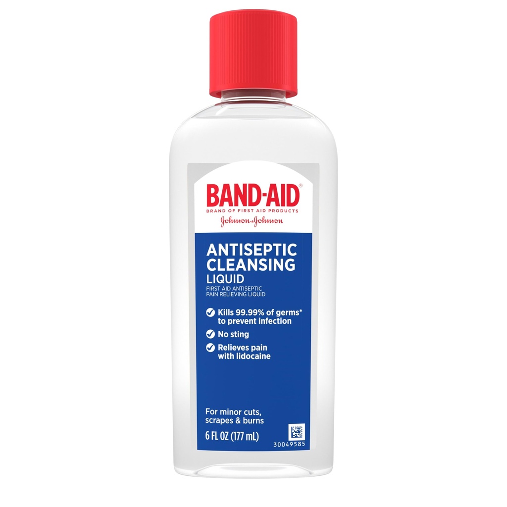 Band-Aid Brand Antiseptic Cleansing Liquid, First Aid Antiseptic Wash Relieves Pain & Kills Germs, with Benzalkonium Cl Wound Antiseptic & Lidocaine HCl Topical Analgesic, 6 fl. oz