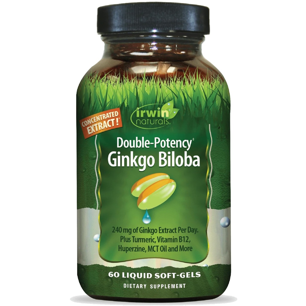 Irwin Naturals Double-Potency Ginkgo Biloba 240mg Extra Strength Brain Health Supplement - Enhance Memory, Mental Focus, Alertness, Concentration & Herbal Energy Booster - 60 Liquid Softgels