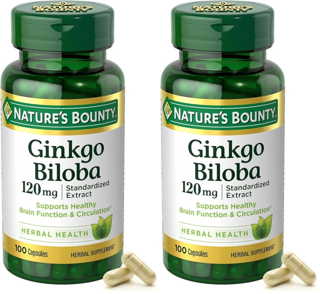 Nature's Bounty Ginkgo Biloba Capsules 120mg, Memory Support Supplement, Supports Brain Function and Mental Alertness, 100 Capsules (Pack of 2)
