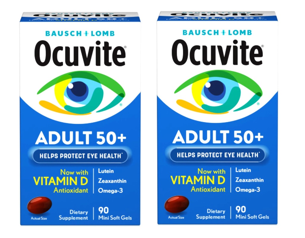 Ocuvite Adult 50+ Eye Health Vitamins and Mineral Supplements with Lutein, Zeaxanthin and Omega-3, 90 Soft Gels (Pack of 2)