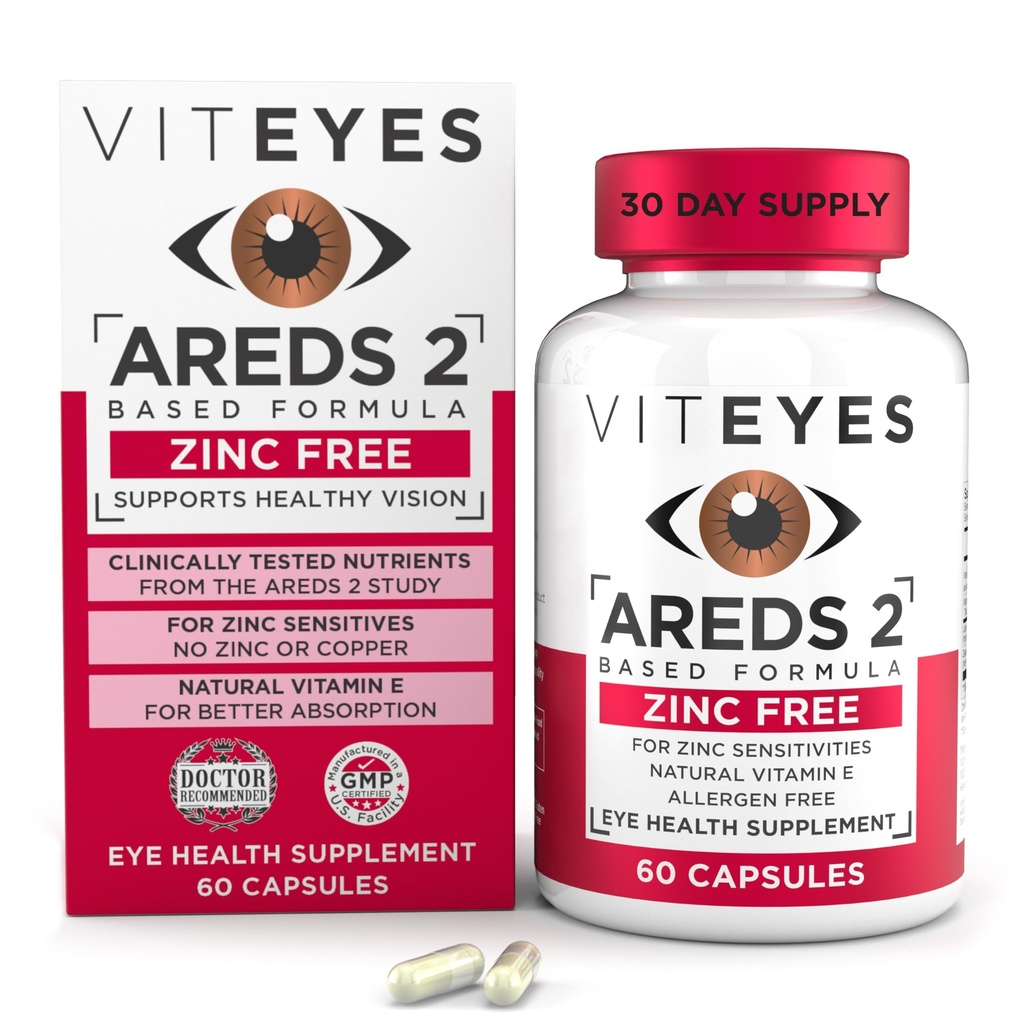 Viteyes AREDS 2 Zinc Free Macular Support, Natural Allergen Free Capsules with Vitamin E, Vitamin C, Lutein & Zeaxanthin, No Zinc, No Copper, Eye Doctor Trusted, Manufactured in the USA, 60 Ct
