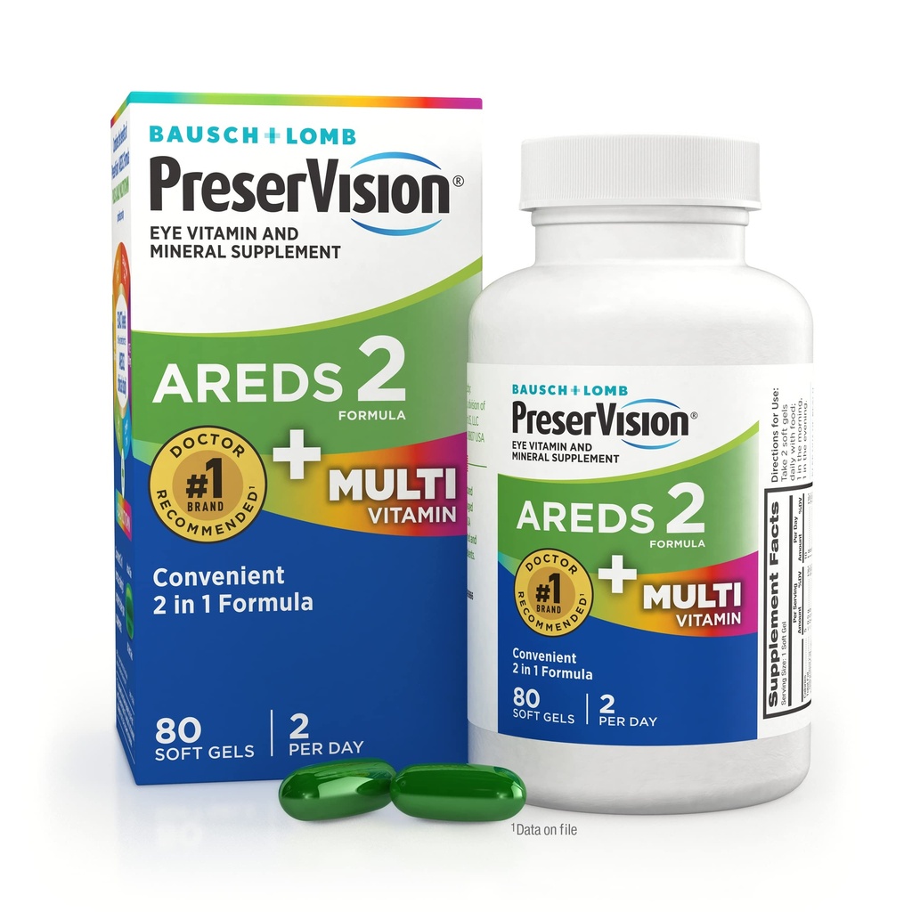 PreserVision AREDS 2 + Multivitamin, #1 Eye Doctor Recommended Brand, 2-in-1 Eye Vitamin with Lutein, Zeaxanthin, Zinc, and Vitamin C, D & E, 80 Softgels