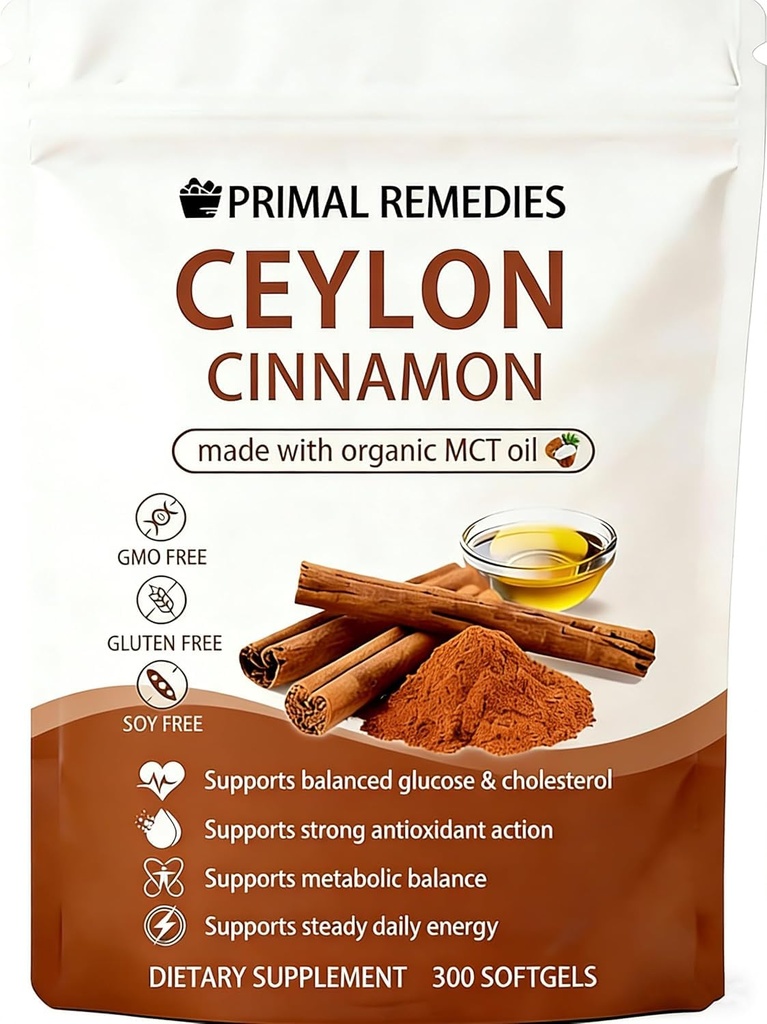 Primal Remedies Ceylon Cinnamon 7200MG with MCT Oil – 300 Softgels – GMO-Free, Gluten-Free, Soy-Free，Premium Ceylon Cinnamon Formula