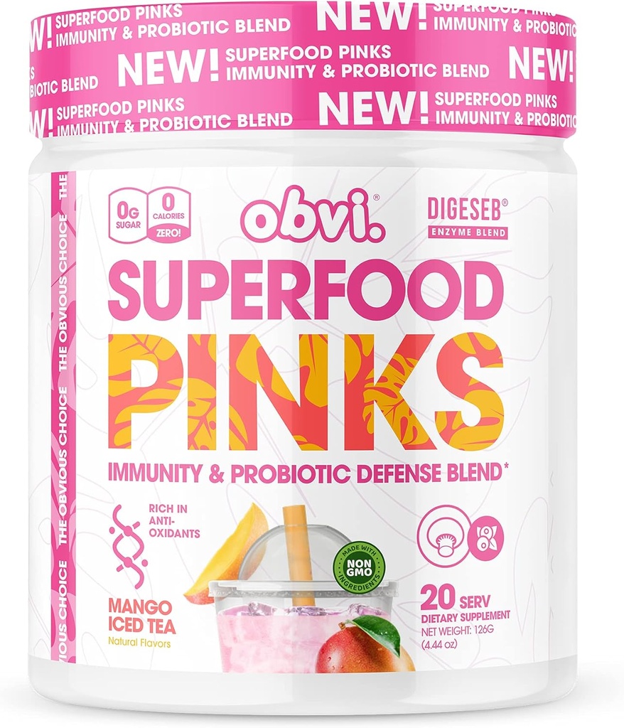 Obvi Superfood Pinks Probiyotik pla | Antioksis, Adaptogens, Digestive Enzyme Blend, Immune Support, Gut Health | Keto, Gluten-Free, No Sugar, 10 Milyar CFU | Mango Buzlu Çay, 20 Hizmet