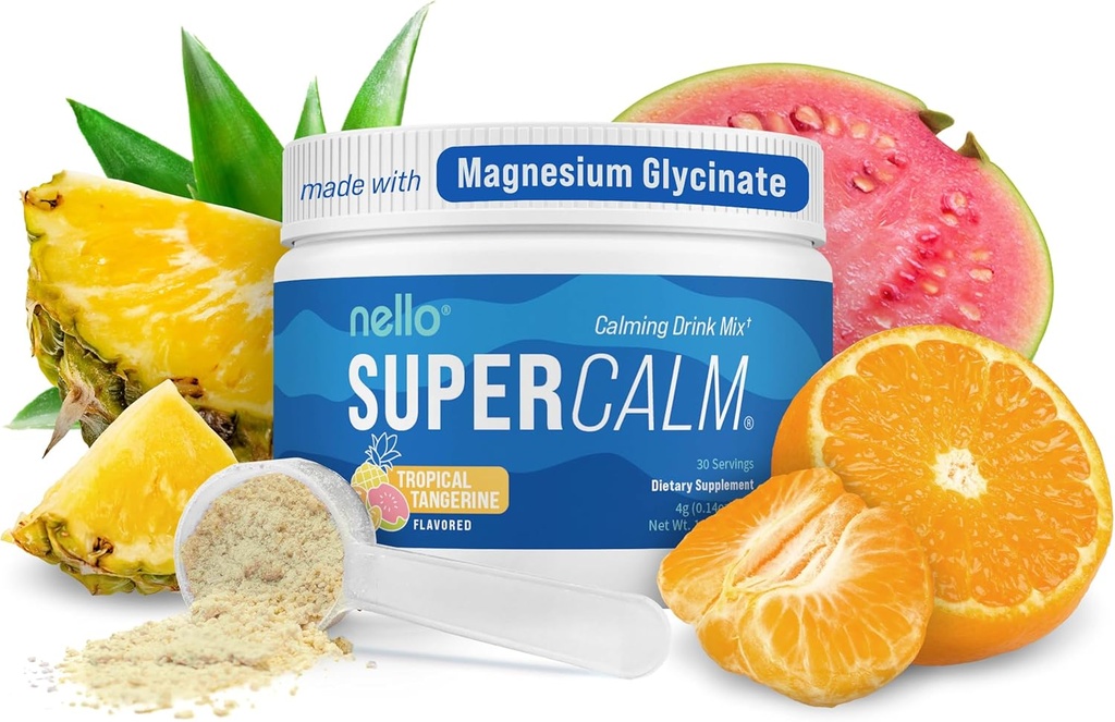 Nello Supercalm σε σκόνη μείγμα ποτών, Τροπική Ταμπερίνη, L Theanine, Ksm-66 Ashwagandha, Μαγνήσιο Γλυκινικό, Βιταμίνη D 3, Συμπληρώματα για χαλάρωση & εστίαση, φυσικό, χωρίς ζάχαρη, μη ΓΤΟ, 30 Srvg