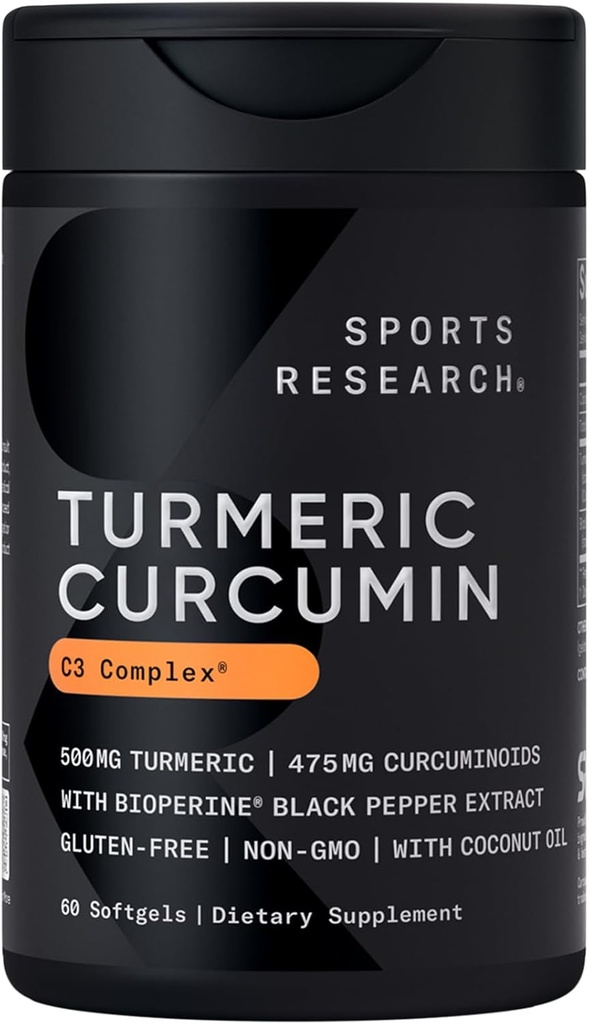 Sports Research Turmeric Curcumin C3 Complex 500 mg, Ενισχυμένο & Μαύρο Πιπέρι και Βιολογικό Λάδι Καρύδας για Καλύτερη Απορρόφηση; Μη ΓΤΟ και Χωρίς Γλουτένη - Τυποποιημένα 95% Κουρκουμινοειδή (60 Count Softgels)