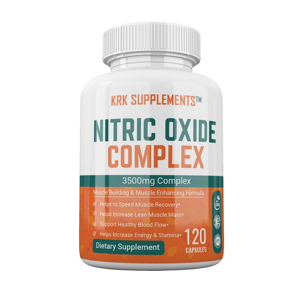 KRK SUPPLEMENTS 1 Bottle Nitric Oxide Complex 3500mg Per Serving L-Arginine HCL AAKG AKG Alpha Ketoglutarate Citrulline Malate 120 Capsules