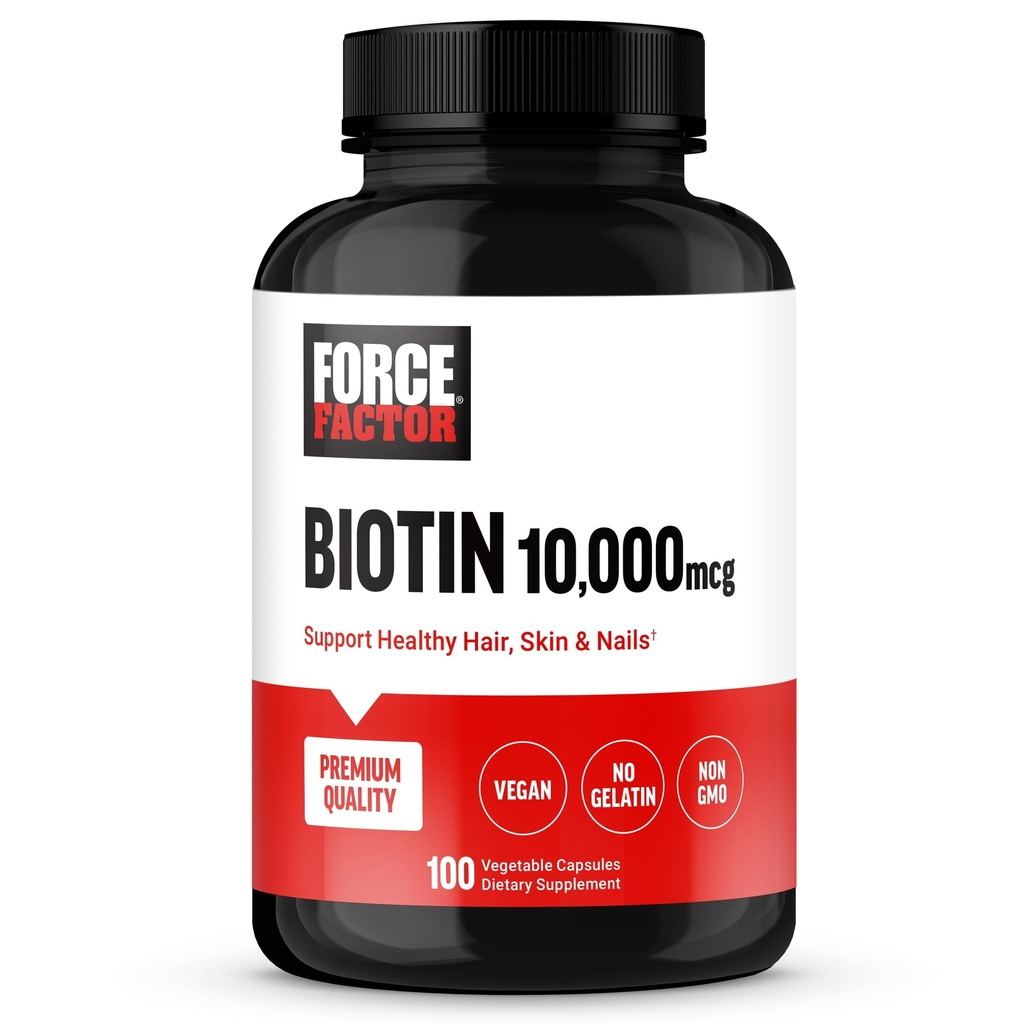 FORCE FACTOR Biotin 10000mcg, Biotin Supplement for Healthier Hair, Skin, and Nails, Hair Growth Supplement with Vitamins, Vegan, Non-GMO, 100 Vegetable Capsules