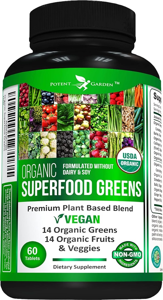 Potent Garden Organik Superfood Greens, Meyve ve Veggies, Alfalfa, Beet Root & Tart Cherry ile Vitaminler ve Antioksislerde Zengin, Enerjiyi Güçlendirmek İçin Zengin, Immunity & Gut Health, Greens Tabletleri 60 Ct Health, Greens Tabletleri