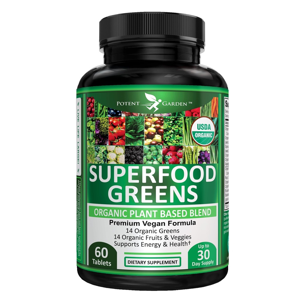 Potent Garden Organik Superfood Greens, Meyve ve Veggies, Alfalfa, Beet Root & Tart Cherry ile Vitaminler ve Antioksislerde Zengin, Enerjiyi Güçlendirmek İçin Zengin, Immunity & Gut Health, Greens Tabletleri 60 Ct Health, Greens Tabletleri