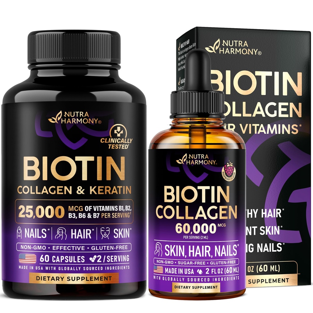 NUTRAHARMONY Biotin, Collagen, Hyaluronic Acid Capsules & Liquid Biotin, Collagen Drops