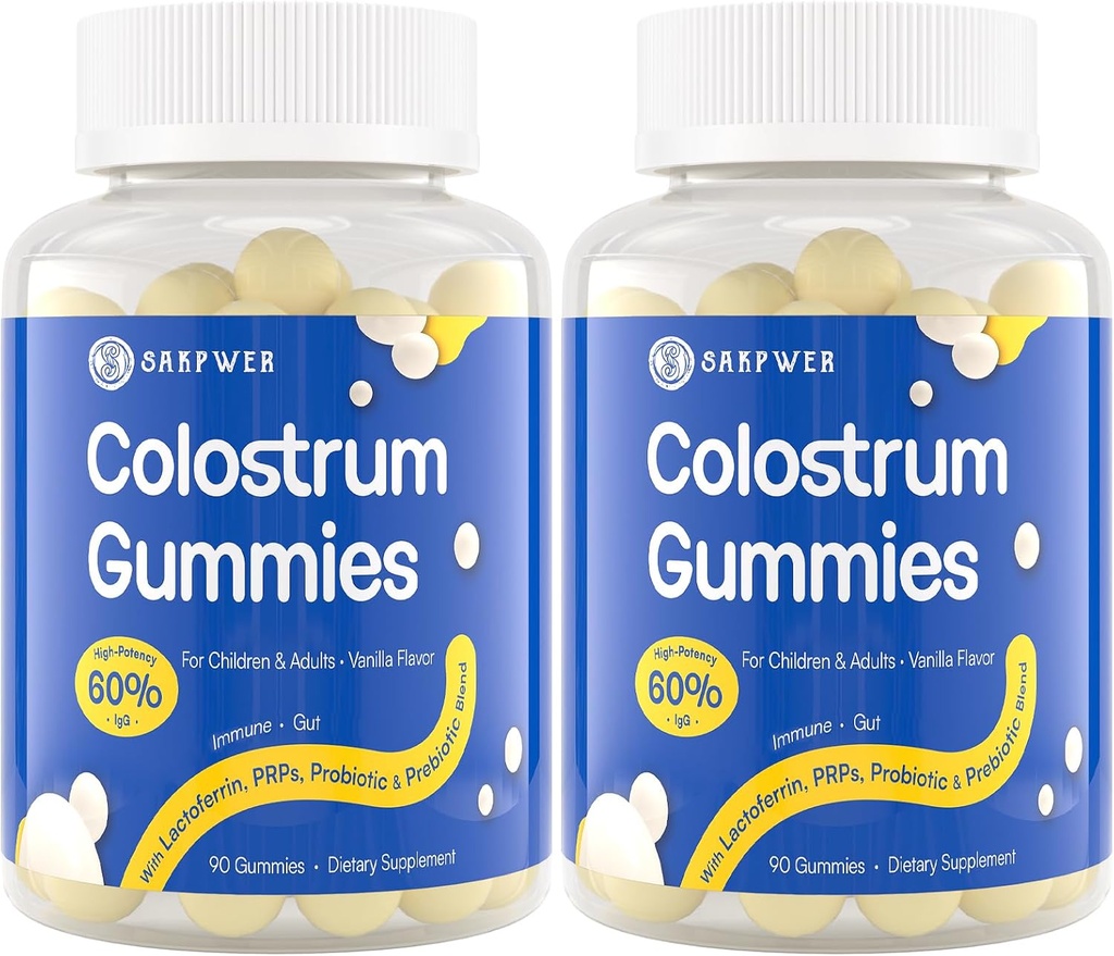 Bovine Colostrum Supplement Gummies -% 60 En yüksek IgG, Lactoferrin, Probiyotikler ve Prebiyotikler Yetişkinler ve Çocuklar için, Vanilla Flavor & Sugar Free, 2 Pack