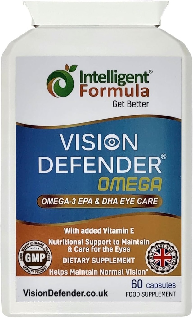 VISION DEFENDER OMEGA Συμπλήρωμα ματιών: Φροντίδα και ανακούφιση για τα ξηρά μάτια, Βελτίωση της υγείας των ματιών-Υψηλή δύναμη 1000mg Αμιγές Ωμέγα-3 ιχθυέλαιο (400mg EPA, 200mg DHA ανά κάψουλα)+Βιταμίνη E (60 Softgels) Κατασκευασμένο στο Ηνωμένο Βασίλειο
