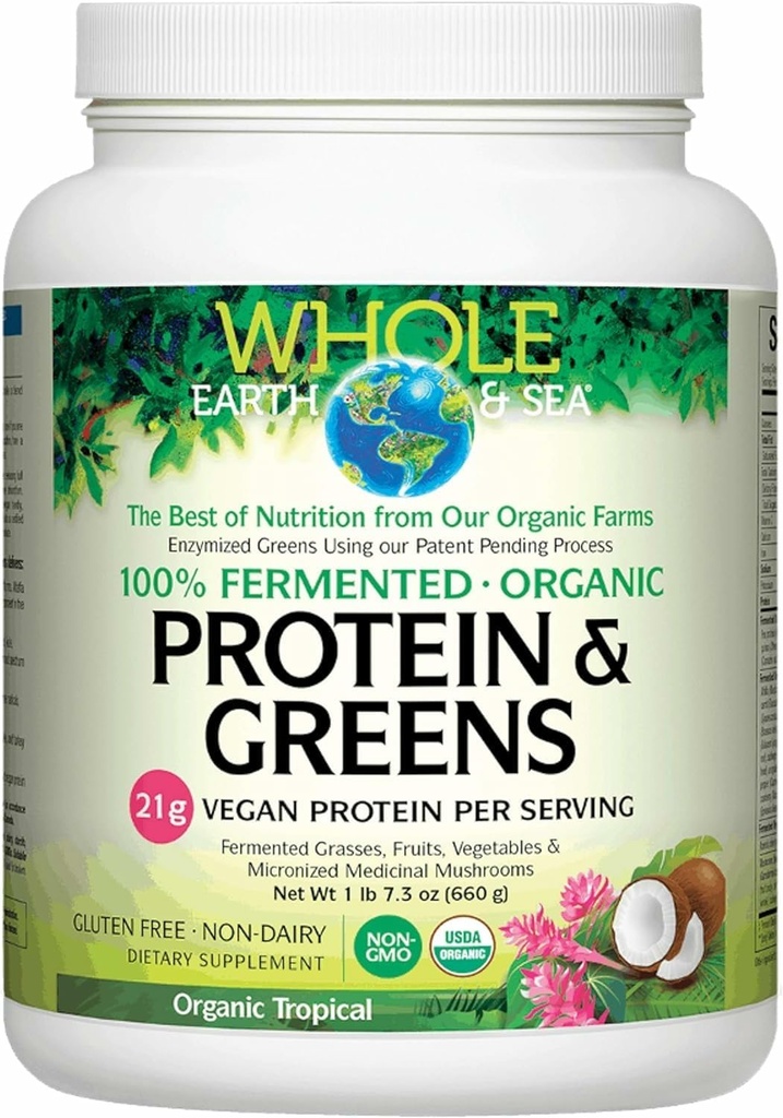 Tüm Dünya ve Doğal Faktörlerden Deniz, Organik Fermented Protein ve Yeşiller, Vegan Tüm Gıda Tamam, Tropikal, 1lb 7.3 Oz