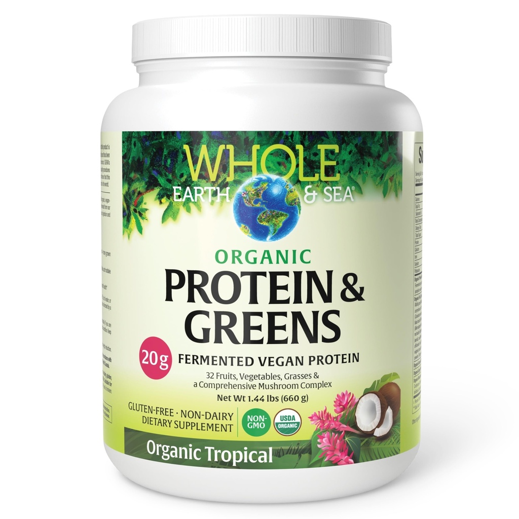 Tüm Dünya ve Doğal Faktörlerden Deniz, Organik Fermented Protein ve Yeşiller, Vegan Tüm Gıda Tamam, Tropikal, 1lb 7.3 Oz