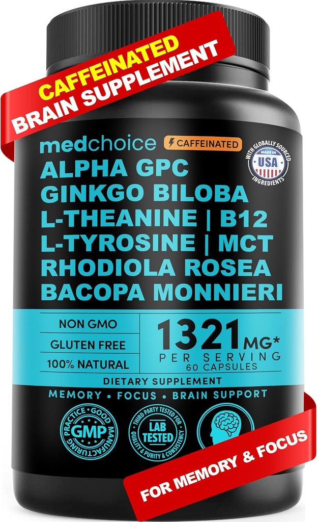 12-in-1 Nootropic Brain Supplement with Caffeine Anhydrus: Ginkgo Biloba for Brain Support, Memory and Focus - B12, Alpha GPC, L Theanine and Choline Supplements with Bioperine with 1321mg (60ct)