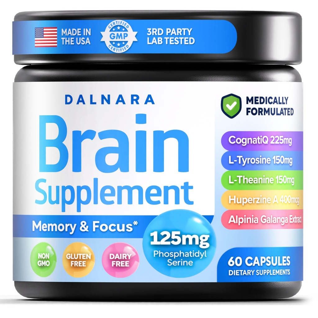 Brain Supplements for Memory and Focus for Men and Women - Nootropic with Alpinia Galanga, CognatiQ, Phosphatidylserine, L-Theanine, L-Tyrosine - Brain Booster Memory Pills Brain Health - 60 Capsules