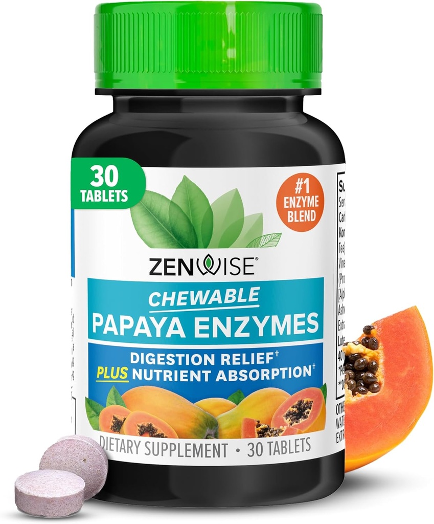 Zenwise Health Chewable Papaya Enzymes for Digestion & Gut Support - Papain ve Bromelain ile Digestive Health & Bloating Relief - Women & Men - 30 Tabletler