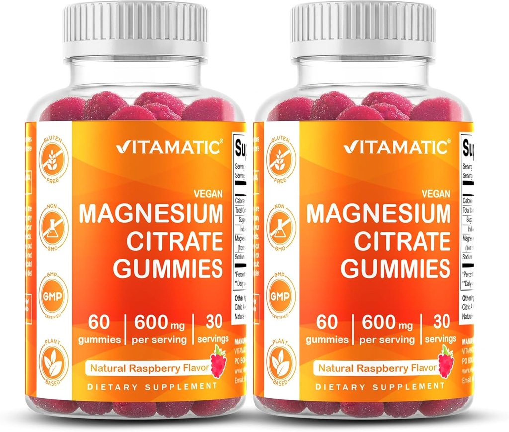 Vitamatic Magnezyum Citrate Gummies 600 mg per Service - 60 Kont - Sağlıklı Rahatlama, Kas, Bone, & Energy Support (Pack of 2)