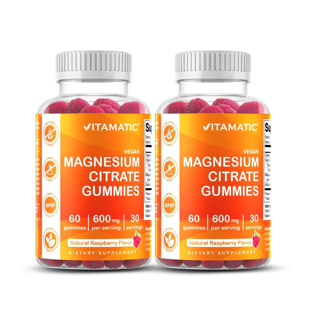 Vitamatic Magnezyum Citrate Gummies 600 mg per Service - 60 Kont - Sağlıklı Rahatlama, Kas, Bone, & Energy Support (Pack of 2)