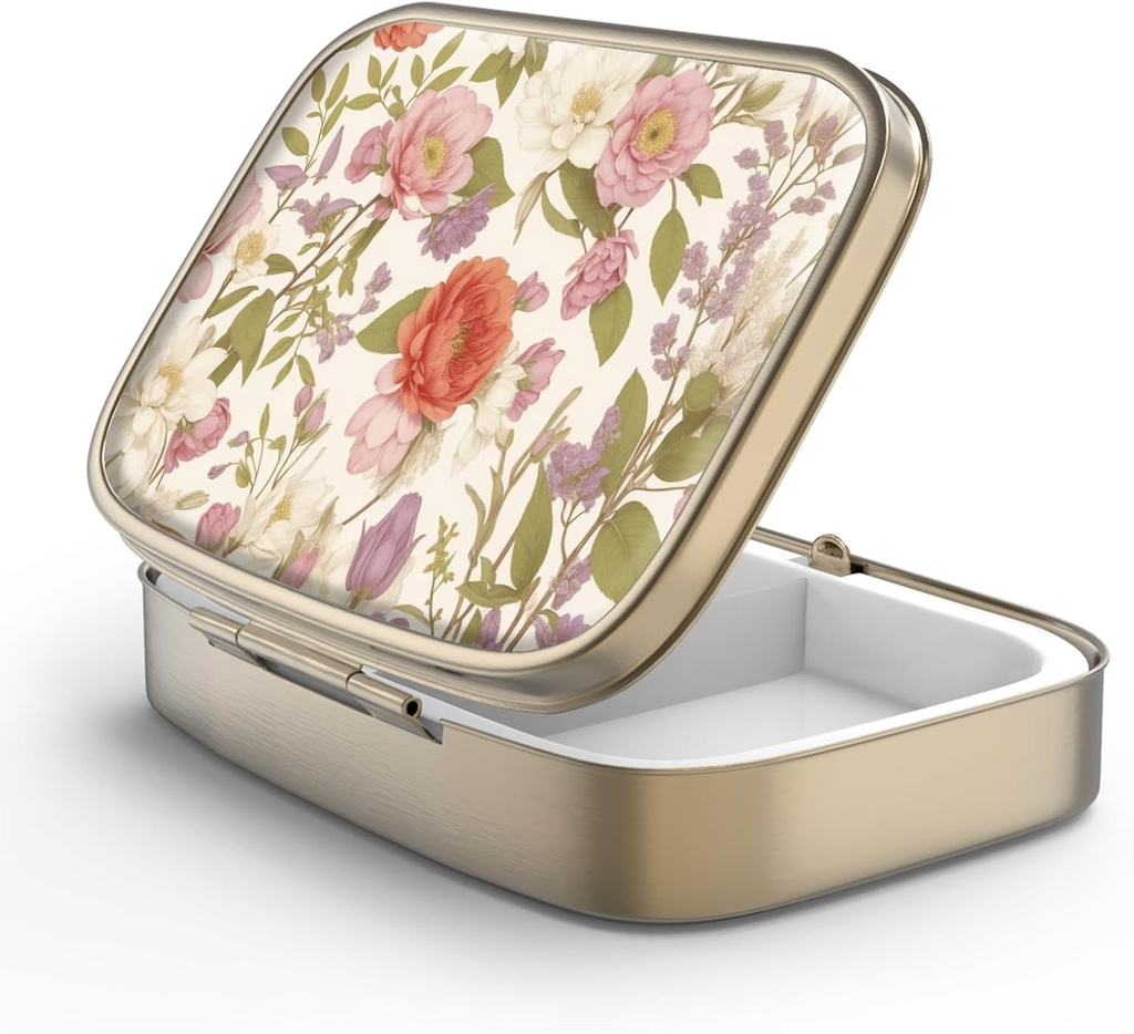 Pill Case Pill Box with Mirror Retro 2tment Small Pill Case for Purse or Pocket Bronz Rectangular Pill Box or Vitamins, Fish Oil, Supplements, Pill Containe Travel Hediyeleri (Retro Red Çiçekler)