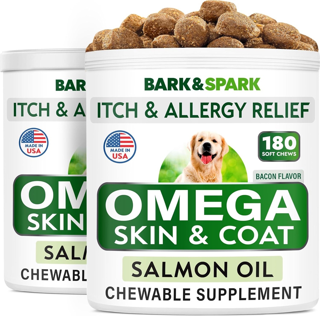 BARK&SPARK Omega 3 για σκύλους - 360 Fish Oil Treats for Dog Shedding, Skin Allergy, Itch Relief, Hot Spots Θεραπεία - Κοινή Υγεία - Skin and Coat Supplement - EPA & DHA Λιπαρά Οξέα - Salmon Oil -Bacon