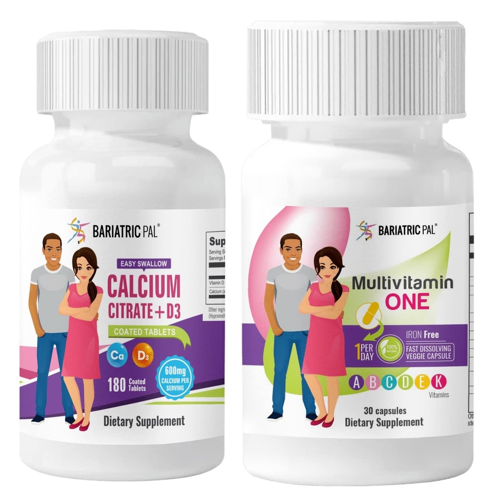 BariatricPal 30-Day Bariatric Vitamin Bundle Multivitamin ONE 1 per Day! Iron-Free Capsule Easy Swallow Calcium Citrate (600mg) and D3 Coated Tablets