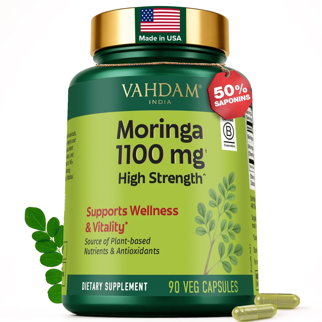 VAHDAM Moringa Capsules 1100mg | Supports Wellness and Vitality | Source of Plant Based Nutrients and Antioxidants | High Strength Green Superfood Supplement | 90 Veg Capsules