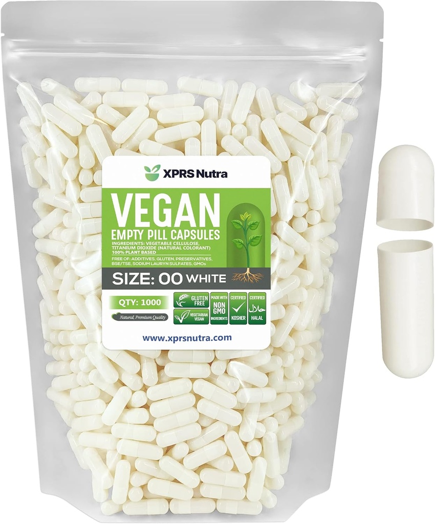 XPRS Nutra Μέγεθος 00 Κενές κάψουλες - 1000 Count Empty Vegan Κάψουλες - Χορτοφαγικά Χάπια - DIY Καψάκιο λαχανικών Γέμισμα- Χάπια λαχανικών για Do-It-Yourself Συμπληρώματα (Λευκά)