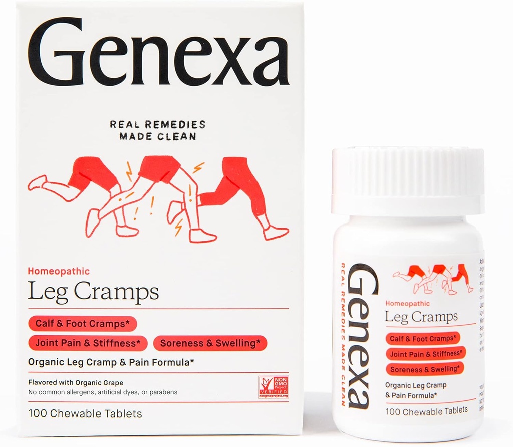 Genxa Leg Cramps Relief | Foot Cramp Defense, Joint Pain & Stiffness, Soreness & Swelling | Soothing Organic Grape Flavor | Vegan & Non-GMO | Homeopathic Remedy Made Clean | 100 Chewable Tabletler