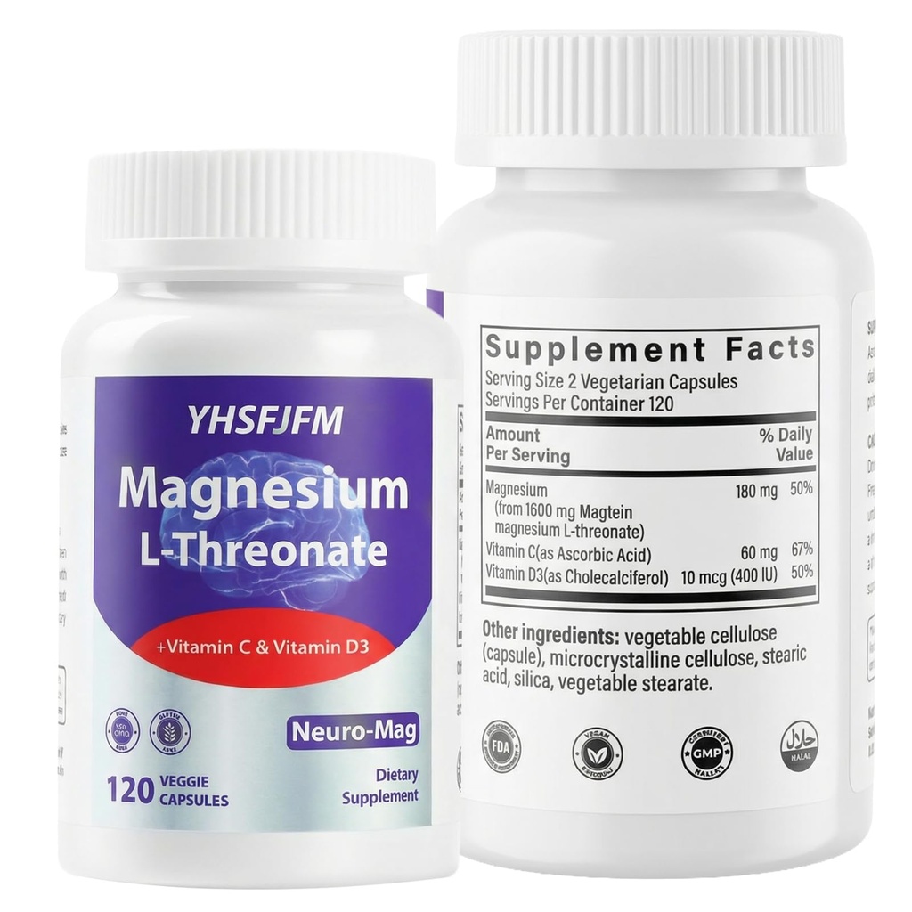 Magnesium L-Threonate/3200mg | High Absorption Magnesium Supplement for Muscle Relaxation, Sleep Support & Nerve Health | Non-GMO, Gluten Free, Vegan | 120 Capsules