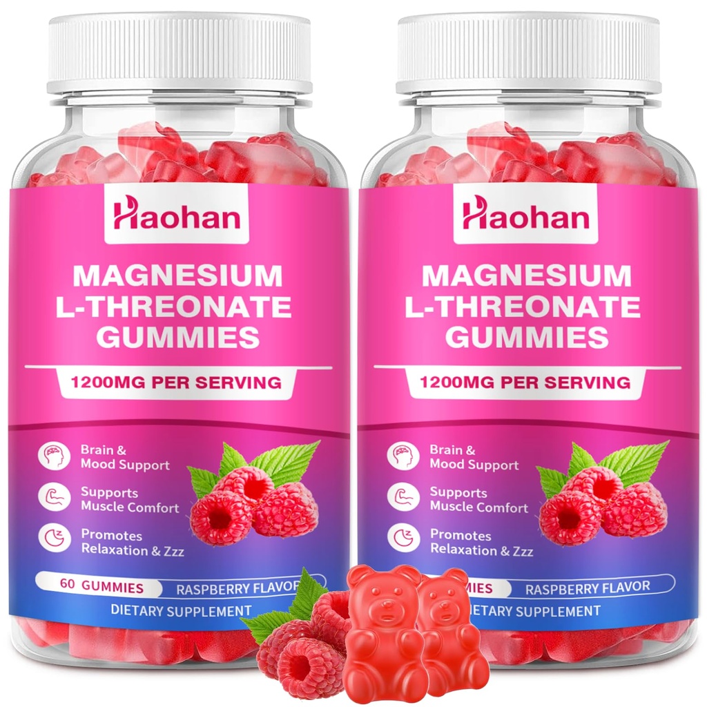 Magnesium L-Threonate 1200mg Gummies to Support Focus & Muscles, Sugar-Free Raspberry Flavor, 120 Count for Adults & Kids