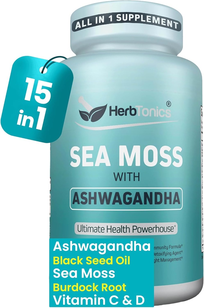 Herbtonics Sea Moss, Black Seed Oil, Ashwagandha, Burdock Root & ACV Kompleksi | Boost Immunity, Reduce Stress, Support Digestion | All-in-One SeaMos Capsules | 60 Capsules