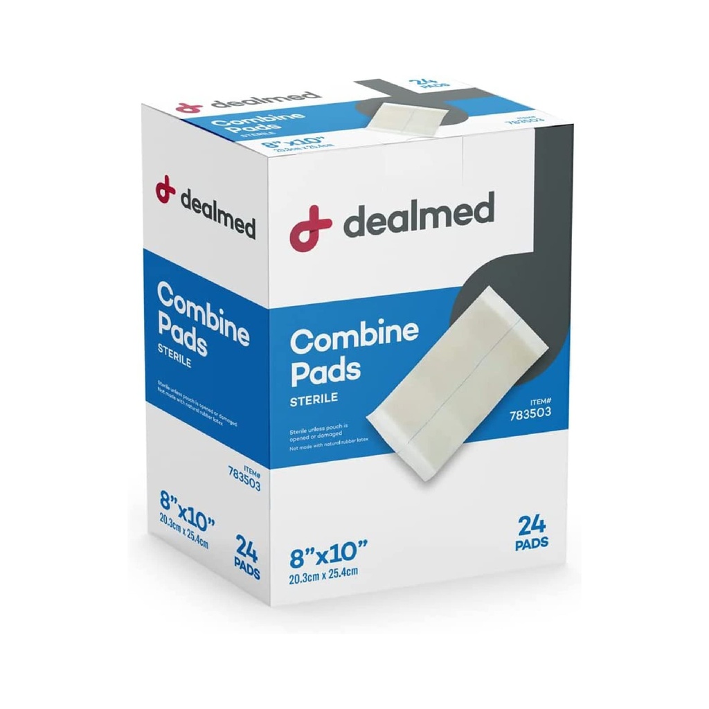 Dealmed Abdominal Combine Pads 8"x10" (24-Pack) Sterile Individually Wrapped, ABD Pads, Absorbent, Non Adherent for Wound Care, Drainage, First Aid, 24/Box (1 Pack)