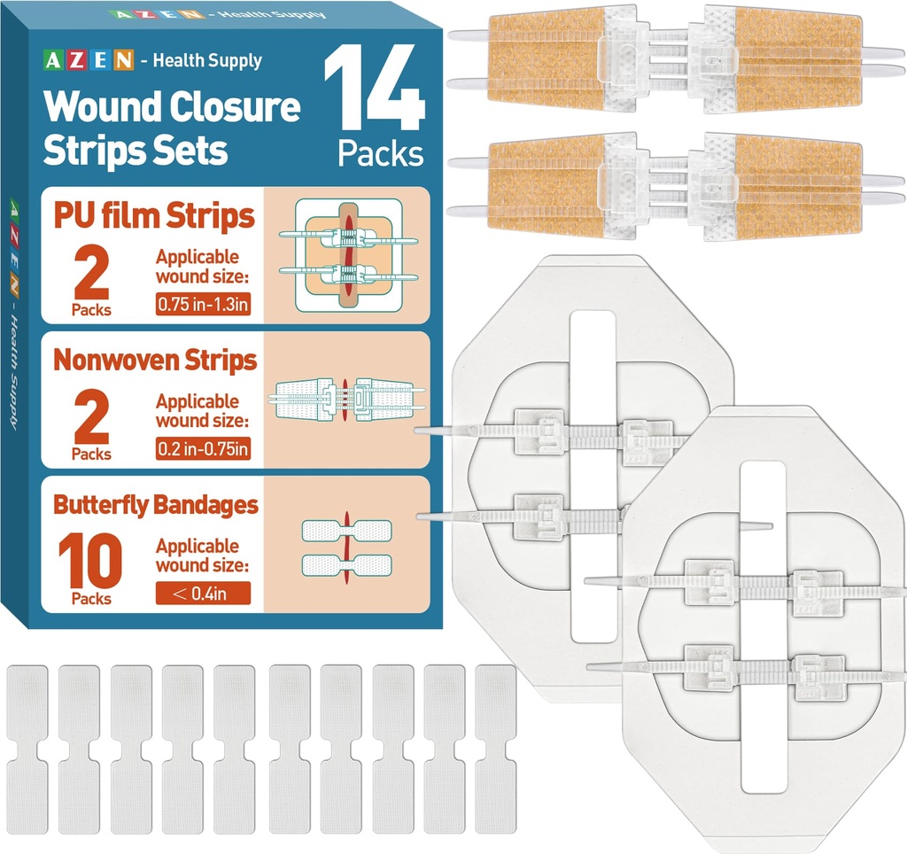 AZEN 14 Pack Emergency Wound Closure Strips, Butterfly Bandages, Emergency Laceration Closure Kit, Repair Wounds Without Stitches, Quick Clot Zip Stitch Wound Closures Device