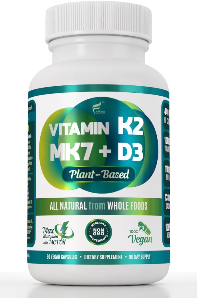Vegan K2+D3 | 440 mcg All-Trans MK-7 440 Kullar + 1000IU Vitamin D3, Chlorella + MCT Coconut Oil for max Abors | 90 Capsules,% 100 Vegan, Non-GMO MK-7 44006