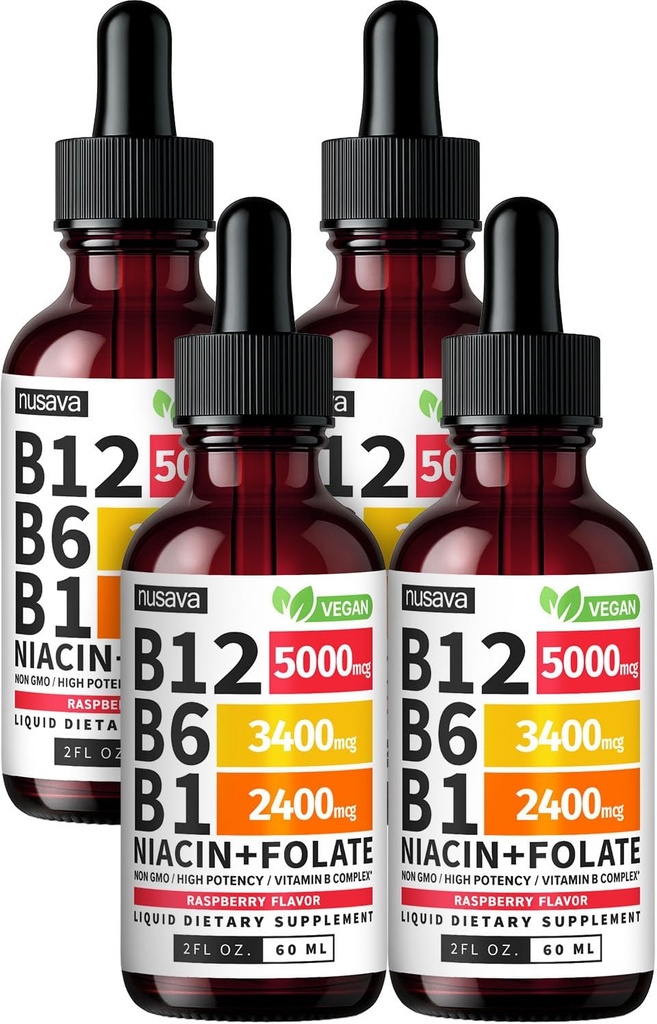 (4 Pack) Vitamin B12 ve B6 Sıvı Durağı, B12 Sublingual Vitamin B Kompleksi - B 12 5000 Cebrail - B12 Mekobalamin for Energy, Brain, and Heart Support with 27,200 mcg, Raspberry, 80 Servisler