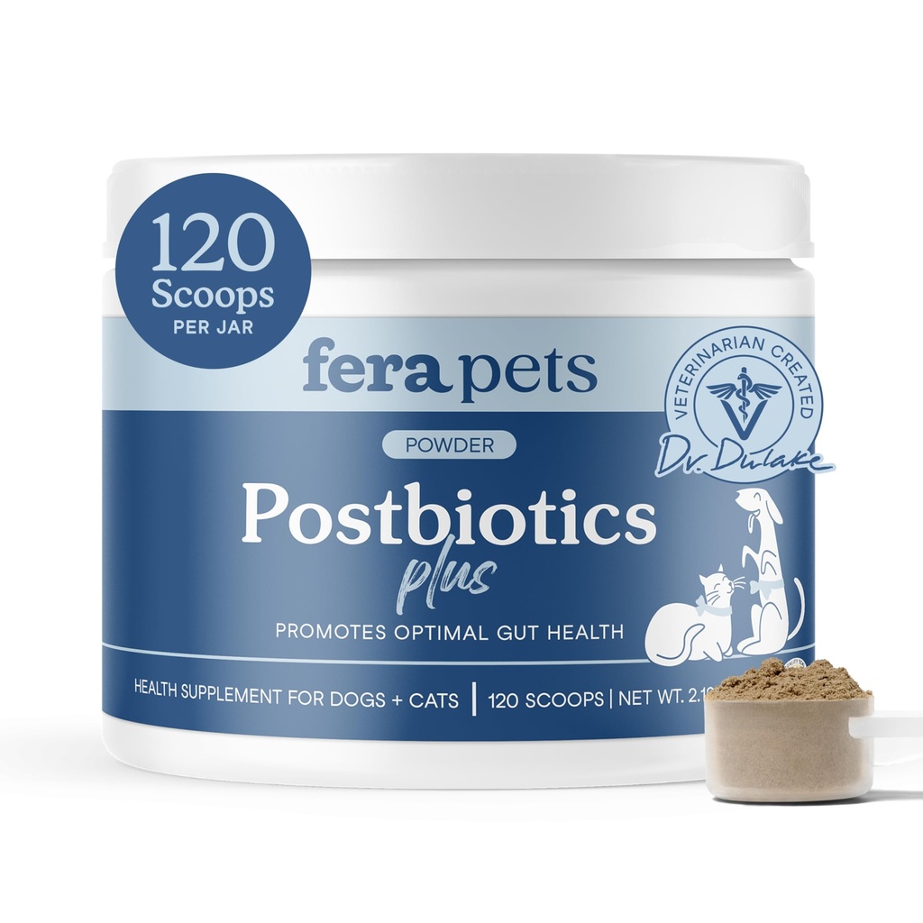 Fera Pets Postbiotics Plus Prebiotics for Dogs & Cats - με Slippery Elm - Προάγει την ιδανική Digestive Υγεία & Φλεγμονώδη Ανταπόκριση - Ενισχύει την Ανοσία - 120 Scoops