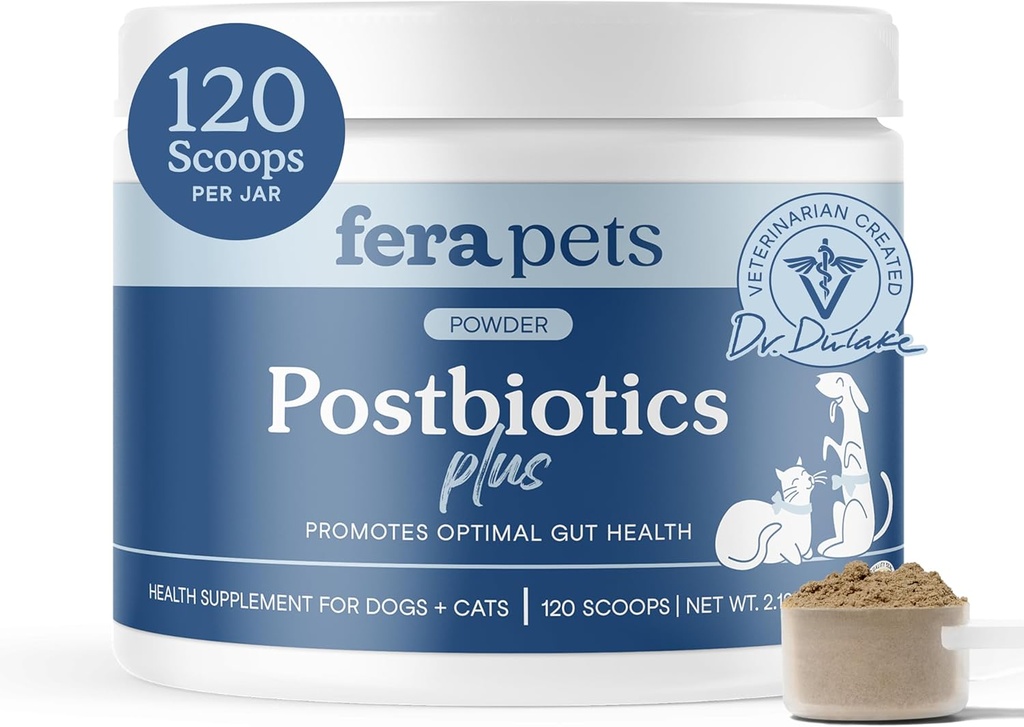 Fera Pets Postbiotics Plus Prebiotics for Dogs & Cats - με Slippery Elm - Προάγει την ιδανική Digestive Υγεία & Φλεγμονώδη Ανταπόκριση - Ενισχύει την Ανοσία - 120 Scoops
