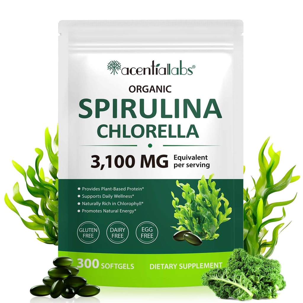NIFEISHI Organic Spirulina Chlorella Capsules, 3100MG Per Serving, 17-in-1 Supergeens Blend, Rich in Chlorophyll, Vegan & High Protein, Immune Support Non GMO, 300 Capsules