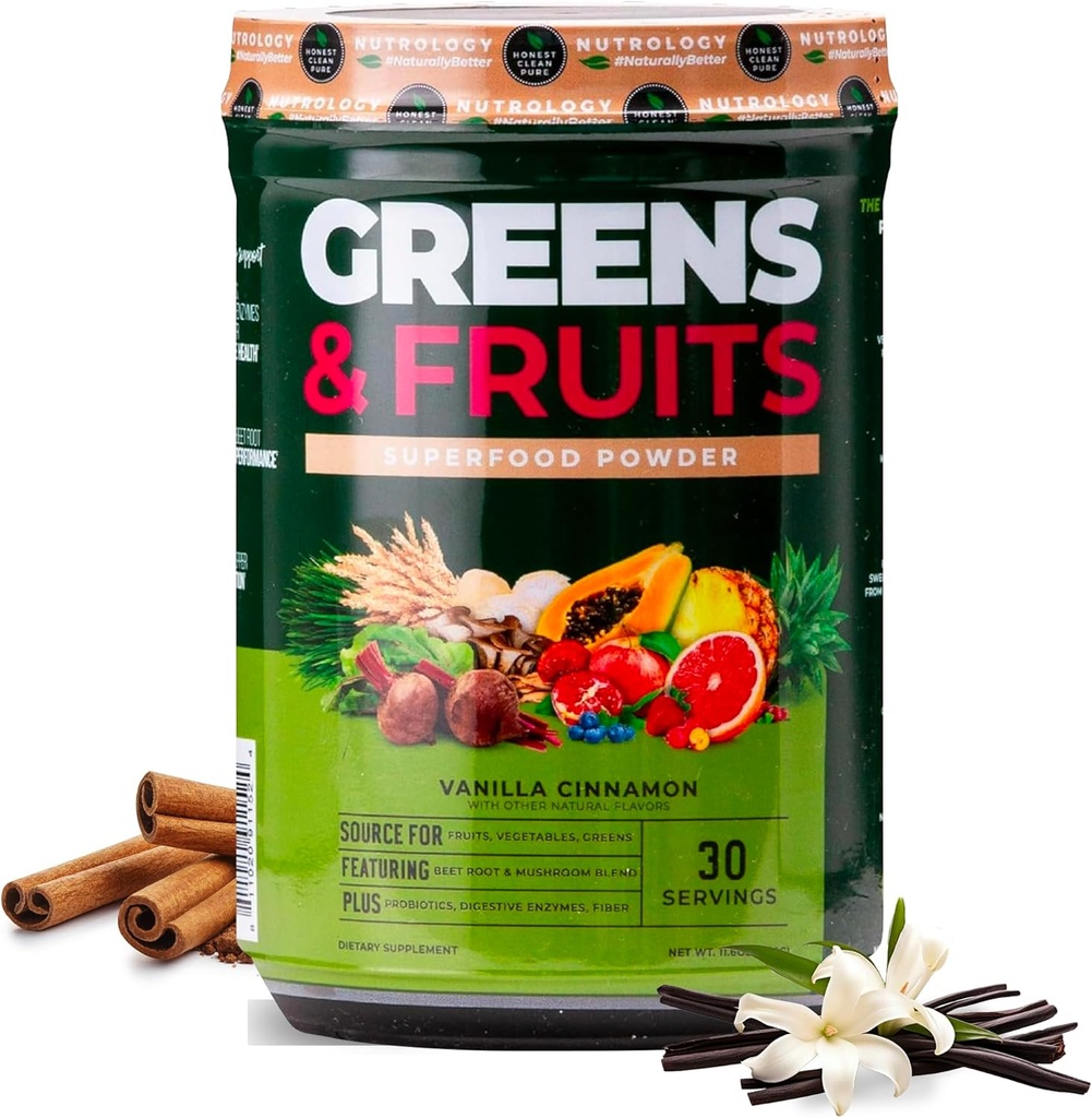 Nutrology Greens & Fruits Toz-Doly Sourced Superfood, Beet Toz, Mushroom Mix, Probiyotiks, Digestive Enzymes, Fiber, Antioksis, Immune Support, Gluten Free - Vanilla Cinnamon