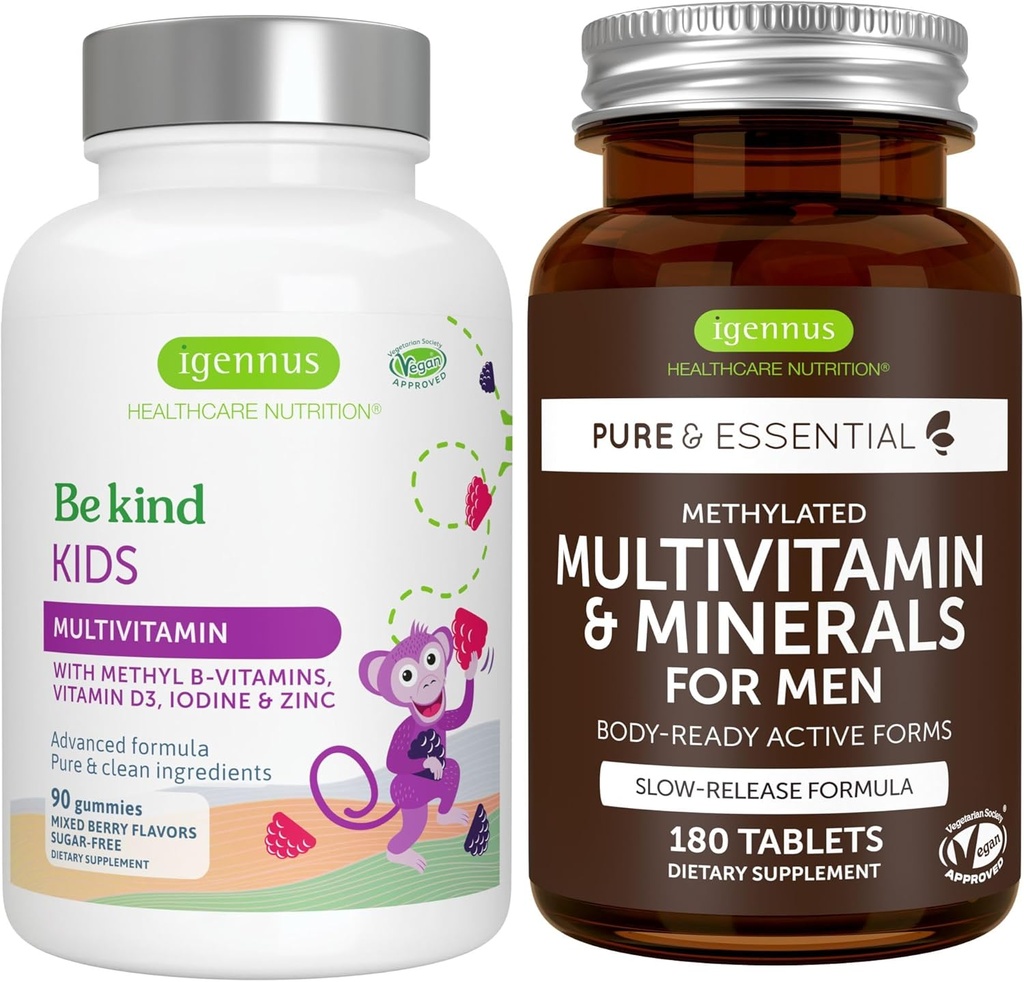 Metilated Kids Multivitamin Gummy + Metilated Men's Multivitamin Sche, MTHFR Supplements with Active B-Vitamins, Clean Label, by Igennus