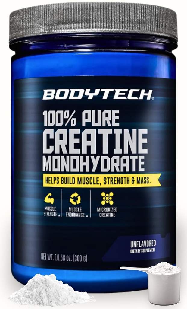 BodyTech Kretine Monohidrat Toz, Unflavored Micronized Phentine Formula for Men and Women, 5g per Service, Pre Workout & Post Workout Supplement, Gluten Free, Sugar Free, 10.58 Oz, 60 Hizmetler