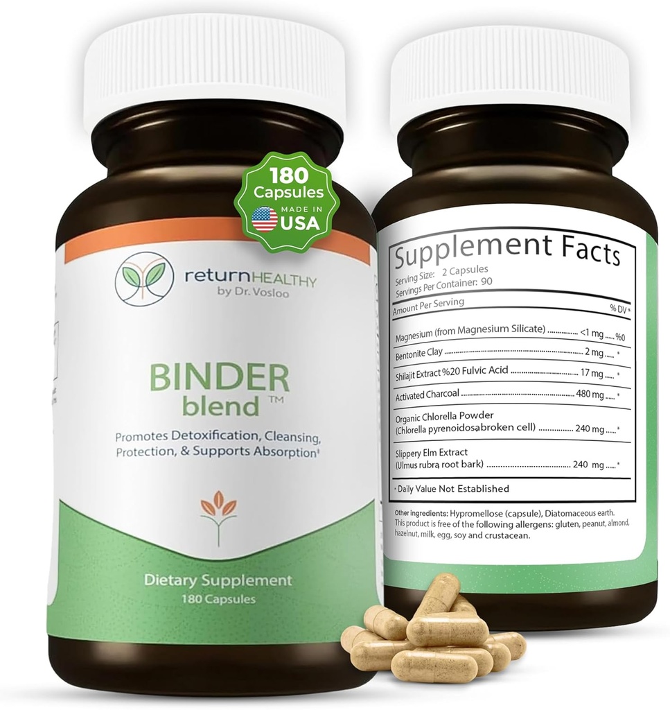 Binder Mix - Toxin Binder Supplement, Detox Capsules for a Health Gut - 180 Capsules - 90 Hizmet - 960 mg Aktif Charcoal & 480 mg Organik Chlorella - Bloating Relief - Bentonite Clay