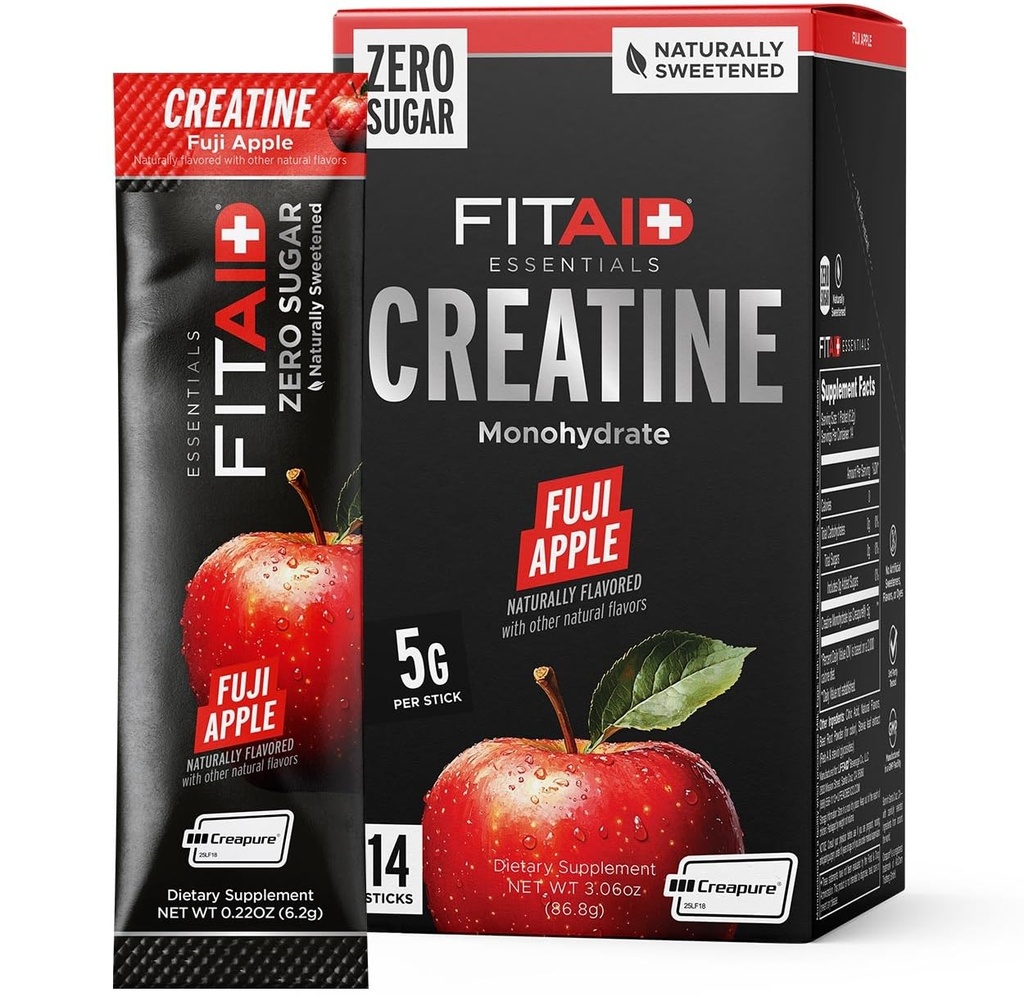 FITAID Creatine Monohydrate Powder with CreaPure®, Fuji Apple Flavor, 14 Single-Serve Packs, Pure Creatine for Women & Men, Pre Workout Supplement for ATP, Easy-Mix, Zero Sugar, Creatina Monohidratada