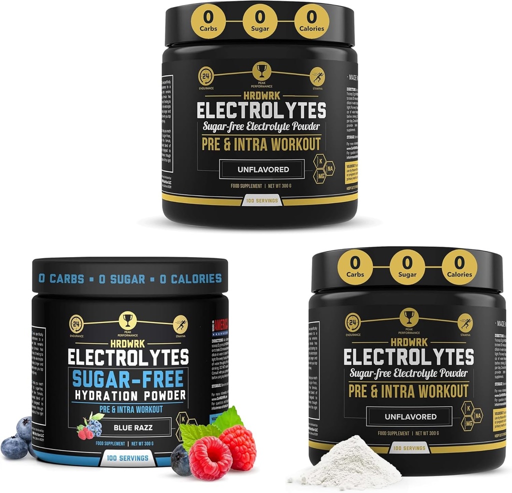 HRDWRK - 100 Mitsubishi Electrolytes Toz Hydration Sugar Free - Electrolyte Toz Electrolytes Supplement (Unflavored Set of 2 & Blue Razz)