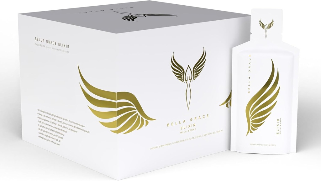Bella Grace Elixir Collagen, Supplement for Skin Care & Health with Datasol Collagen, AstaReal Astaxanthin ve Cat's Claw, Supports Collagen Rejenerasyon, Antioksi Koruma, 30 Hizmet